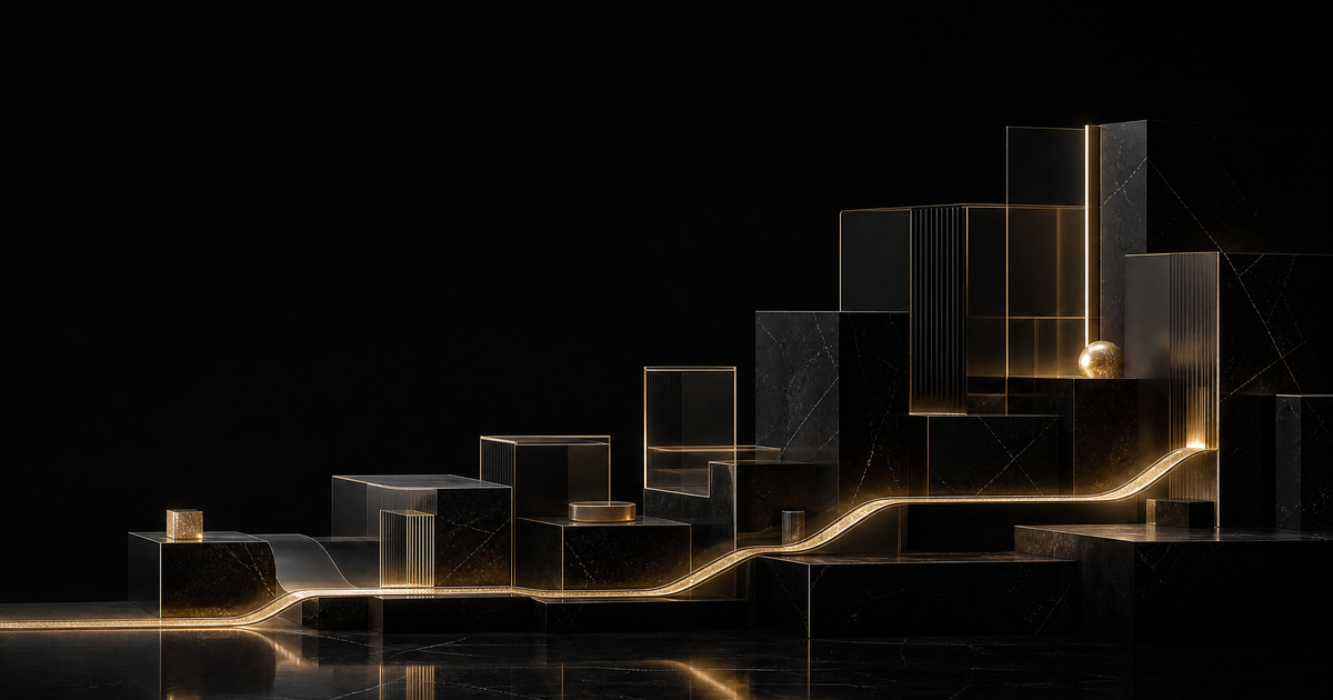 Ascending gold-lit platforms representing the staged growth of embedded finance revenue streams for non-financial companies