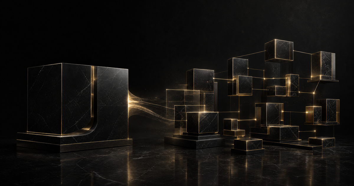 Fragmented black marble blocks with gold energy streams representing the tokenisation of real-world assets onto blockchain infrastructure