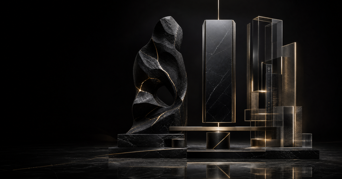 Cracked black stone sculpture beside structured marble towers representing the fracturing of ESG frameworks and the rise of performance-based investing