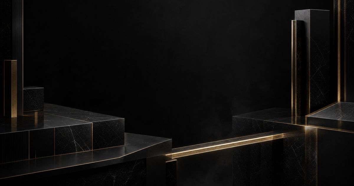 Two separated black marble platforms with a gold light bridge representing the gap between private credit opportunity and shadow lending systemic risk