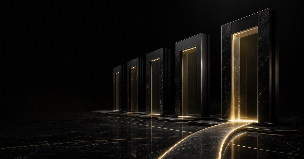 Row of illuminated black marble doorways representing the multiple regulatory jurisdictions available to fintech companies pursuing strategic arbitrage