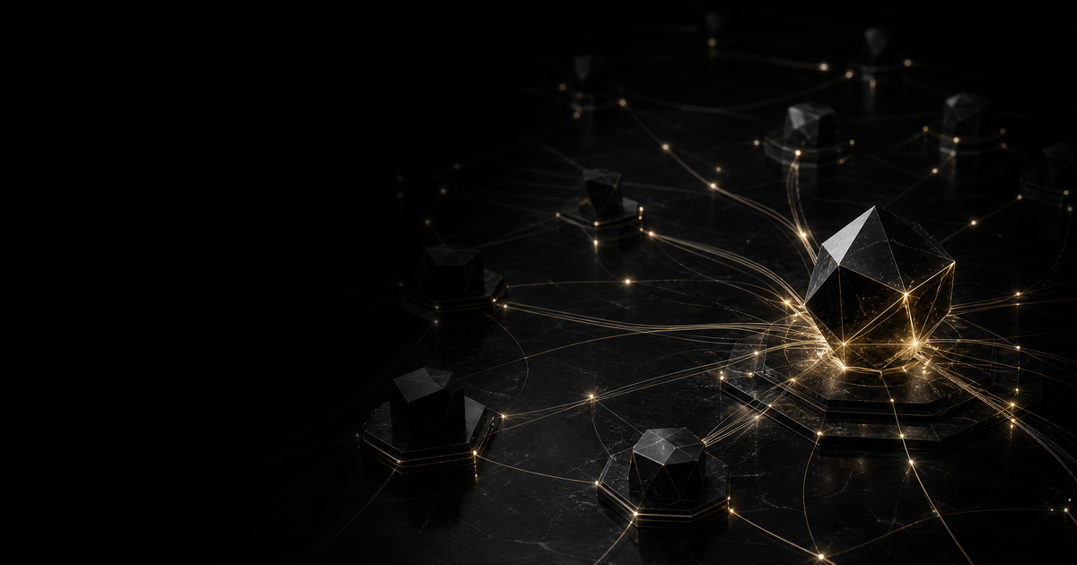 Interconnected gold-lit nodes across a black surface representing the competitive network of AI talent acquisition and skills gap strategy