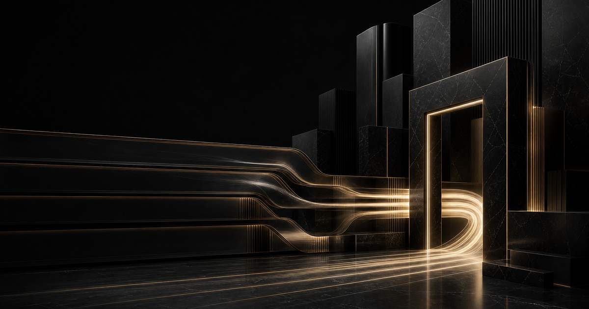 Gold light streams flowing through a black marble archway representing the open banking API economy and its acceleration of financial services innovation