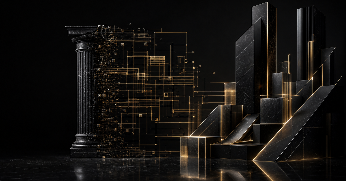 Classical column disintegrating into gold circuit nodes beside modern black structures representing the transformation of the CFO role by AI-driven finance functions